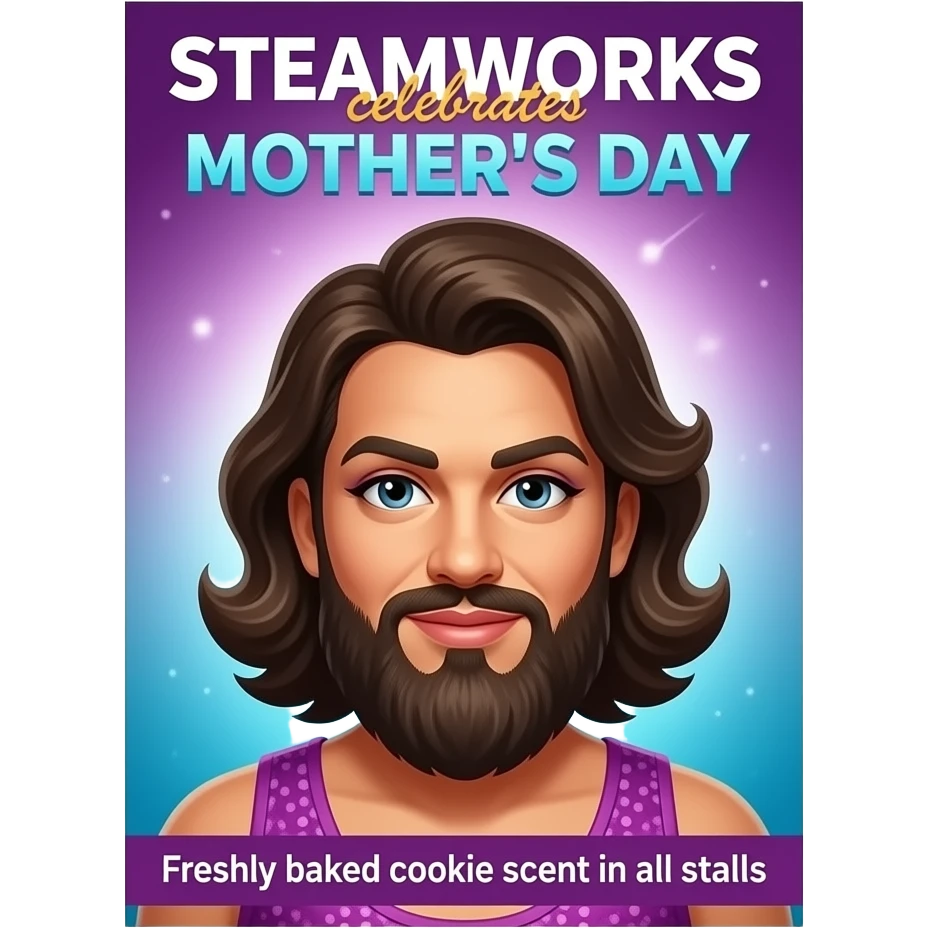 Poster for SteamWorks gay bathhouse with the text: "SteamWorks, celebrates Mothers Day" + "Freshly baked cookie scent in all stalls." With bearded drag queen mom, no women  theme. emoji