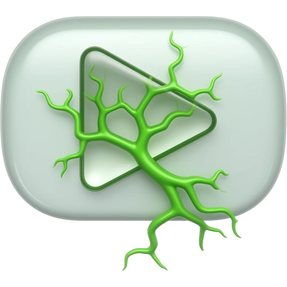 Glossy 3D play button with organic green roots growing out, social media aesthetic, minimalist. emoji