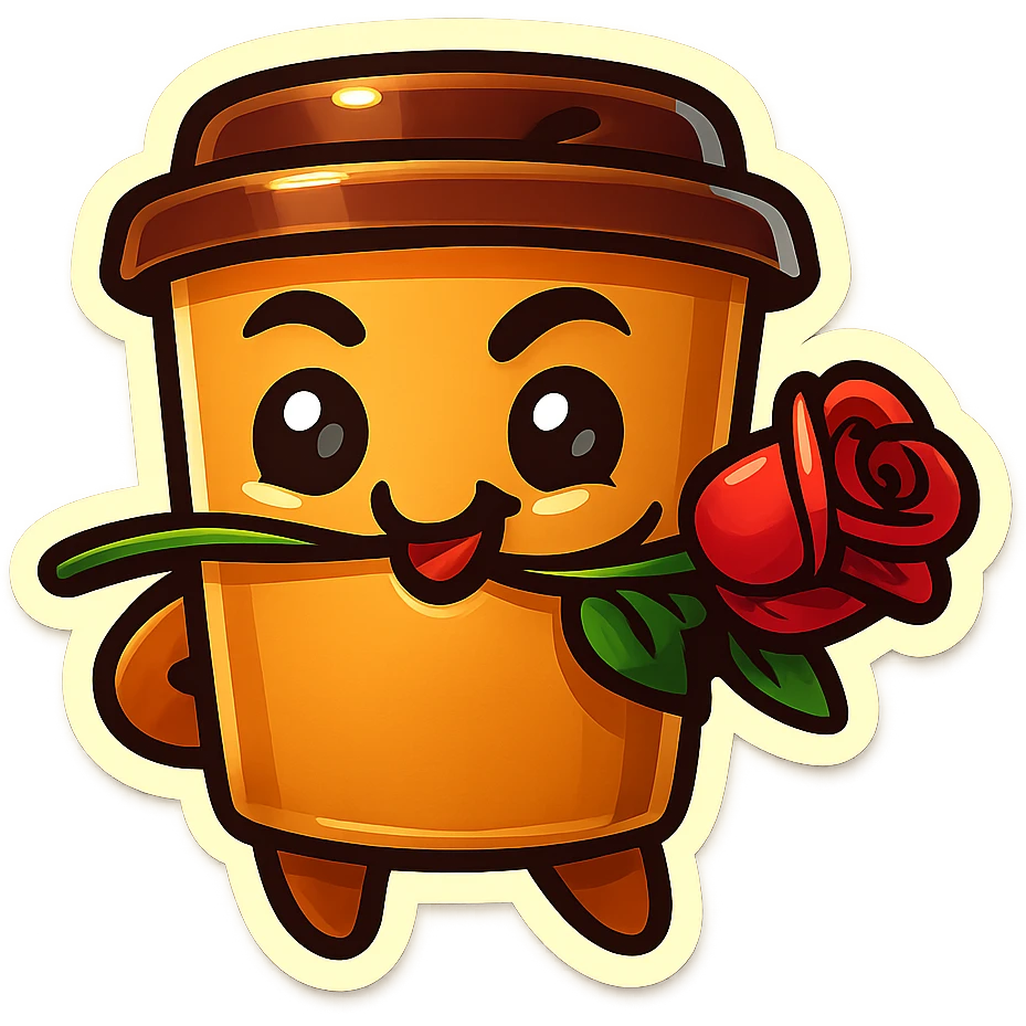 Tall coffee cup, rose in mouth, wiggle eyebrow, smirk emoji