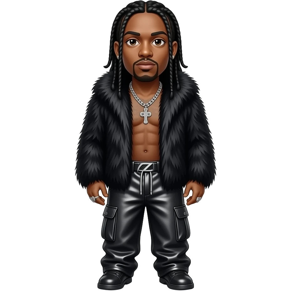 Bizzy Bone from Bone Thugs-N-Harmony with brown eyes, long black hair, black fur shawl, black metallic baggy pants, shirtless with necklace and earrings emoji