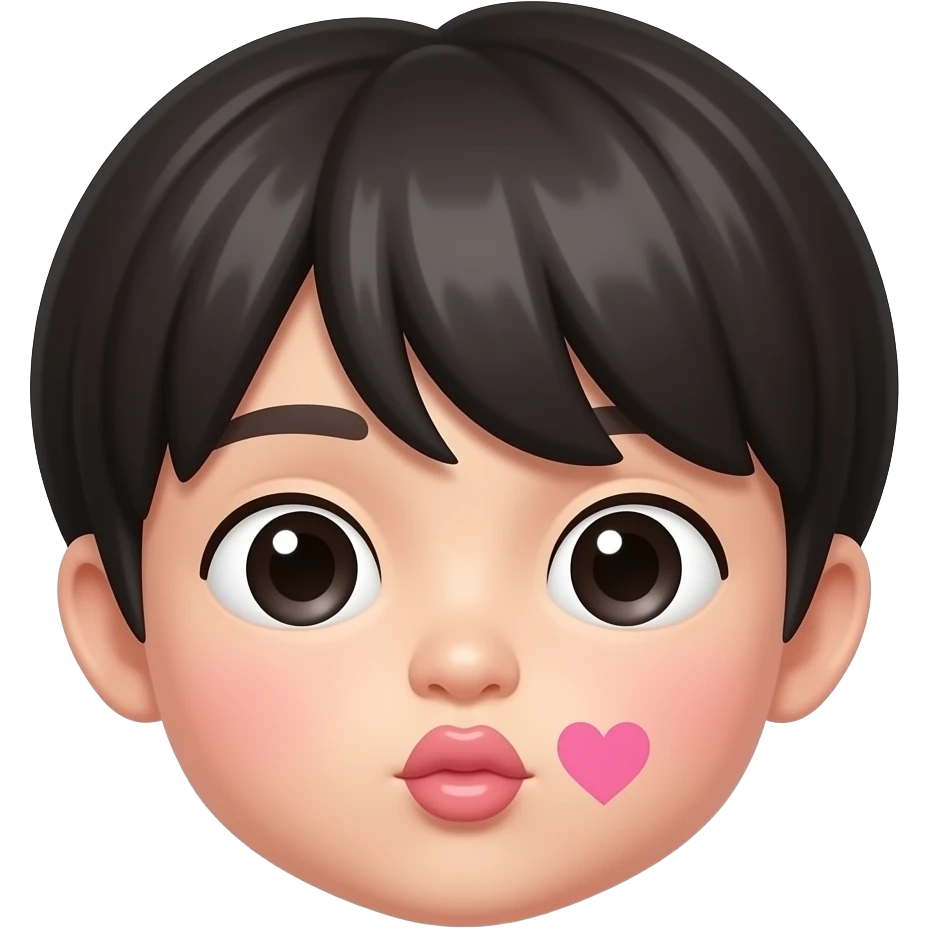 Sending kiss Cute Korean boy emoji, soft black straight bangs, pale skin, 😘 blowing lips, gentle round eyes, sending a pink heart near lips, glossy 3D Pixar-style render, realistic Korean idol vibe, just face only emoji