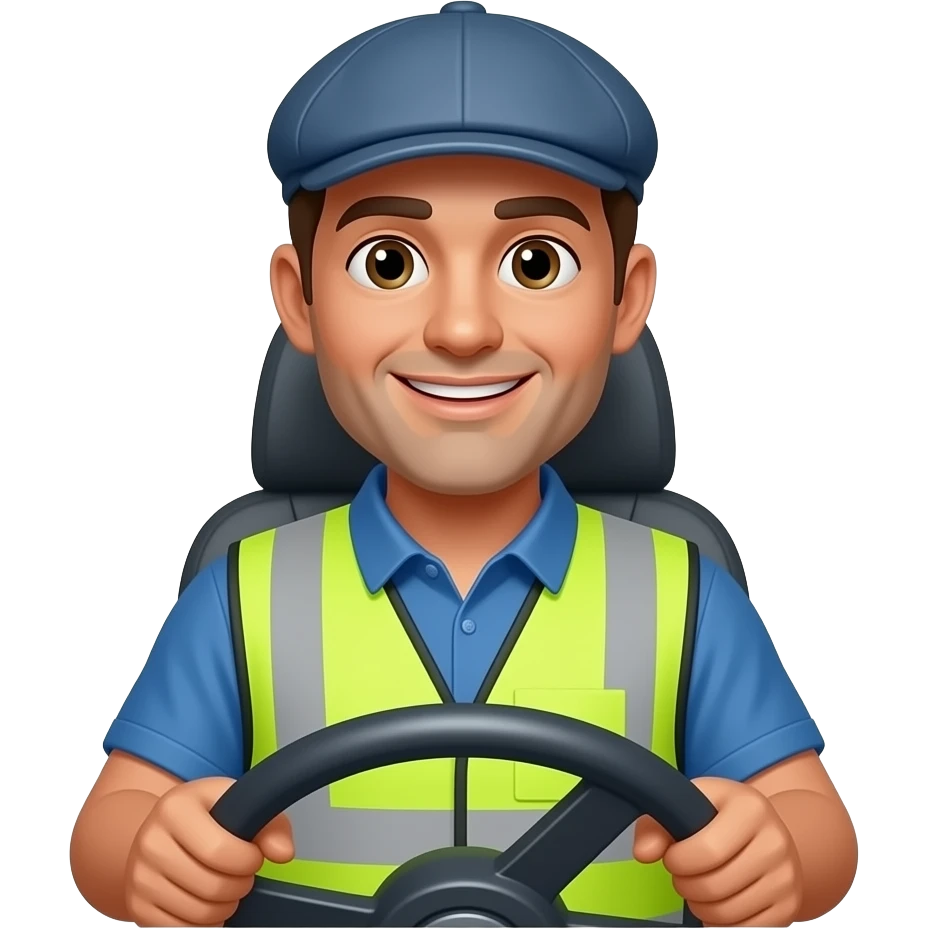 male bus driver, wearing hi-viz & flatcap friendly expression sitting in front of a steering wheel emoji