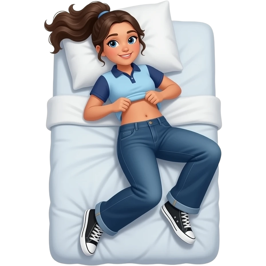 Hispanic girl with brown ponytail and blue eyes light blue and dark blue polo and dark blue baggy jeans and white and black sneakers and belly button laying down on her pillow on her bed lifting her shirt doing a belly rub emoji