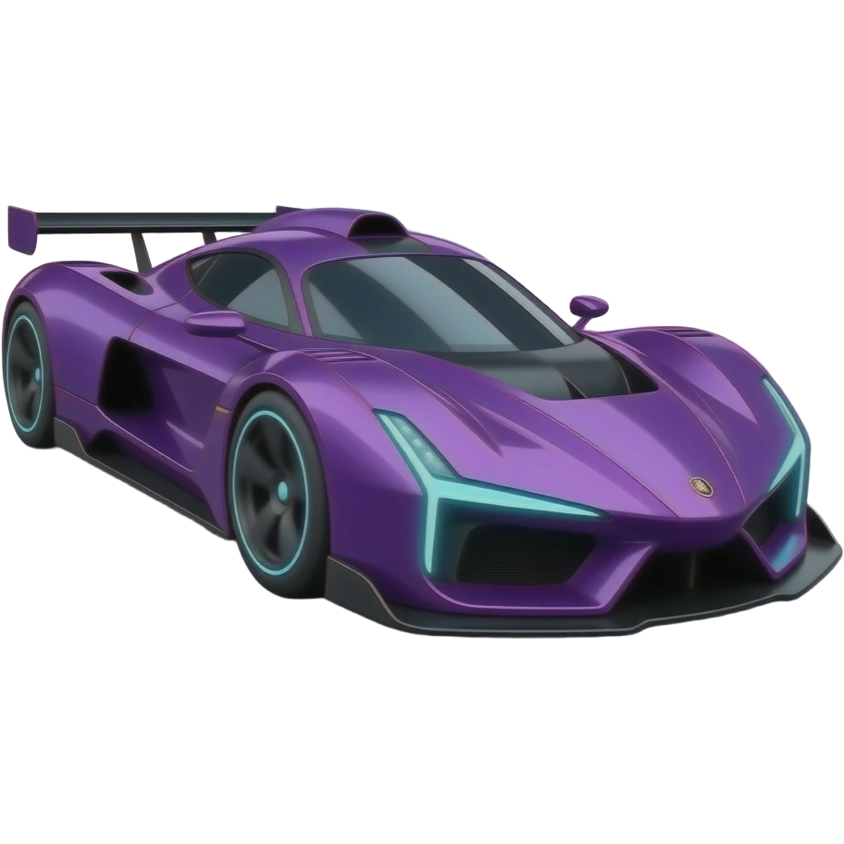 A futuristic purple race car with glowing blue neons lights, sleek, aerodynamic design and a cyberpunk city in the background, the car is speening trough a neon lit street emoji