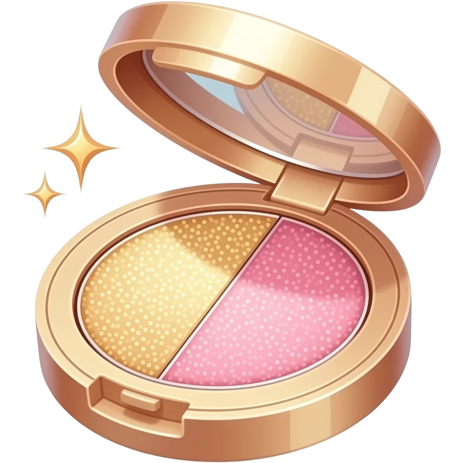 A cute kawaii-style emoji of a glittery highlighter compact with a pearlescent gold and pink shimmer pan, soft sparkles floating around it, ivory and rose gold tones, beauty aesthetic, glowing light reflection emoji