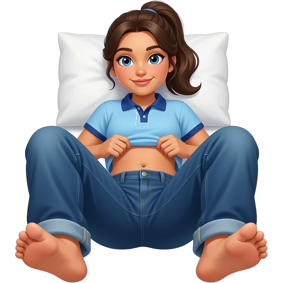 17 year old hispanic woman with brown ponytail and blue eyes light blue dark blue polo and dark blue baggy jeans and belly button lifting her shirt laying on her pillow in bed showing her bottom feet emoji
