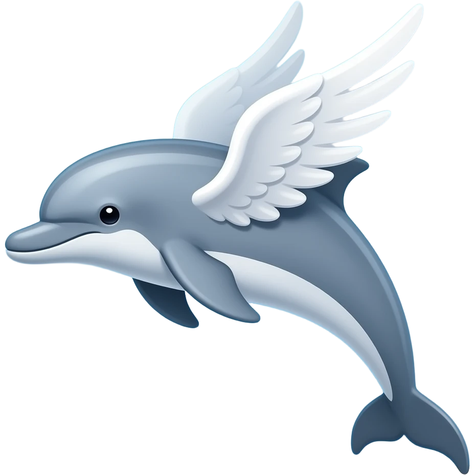 🐬thin dolphin emoji with 2 white wings, ocean blue ,2d, simple emoji