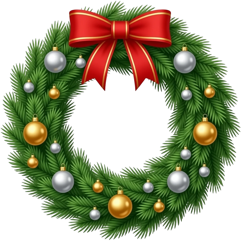 Highly detailed Christmas wreath with silver and gold ornaments and a red ribbon at the top emoji