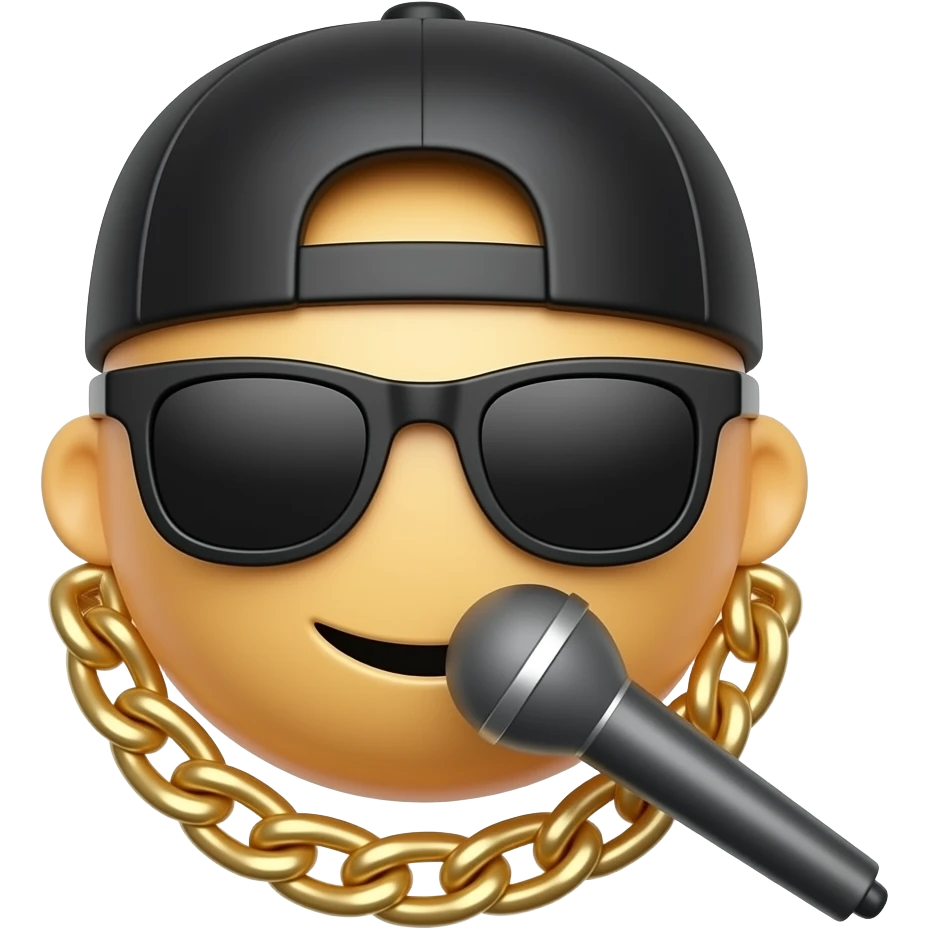 Cute 3D hip-hop emoji icon, black cap, sunglasses, gold chain, microphone, soft glossy rounded texture, clean white background, centered, minimal icon style. emoji