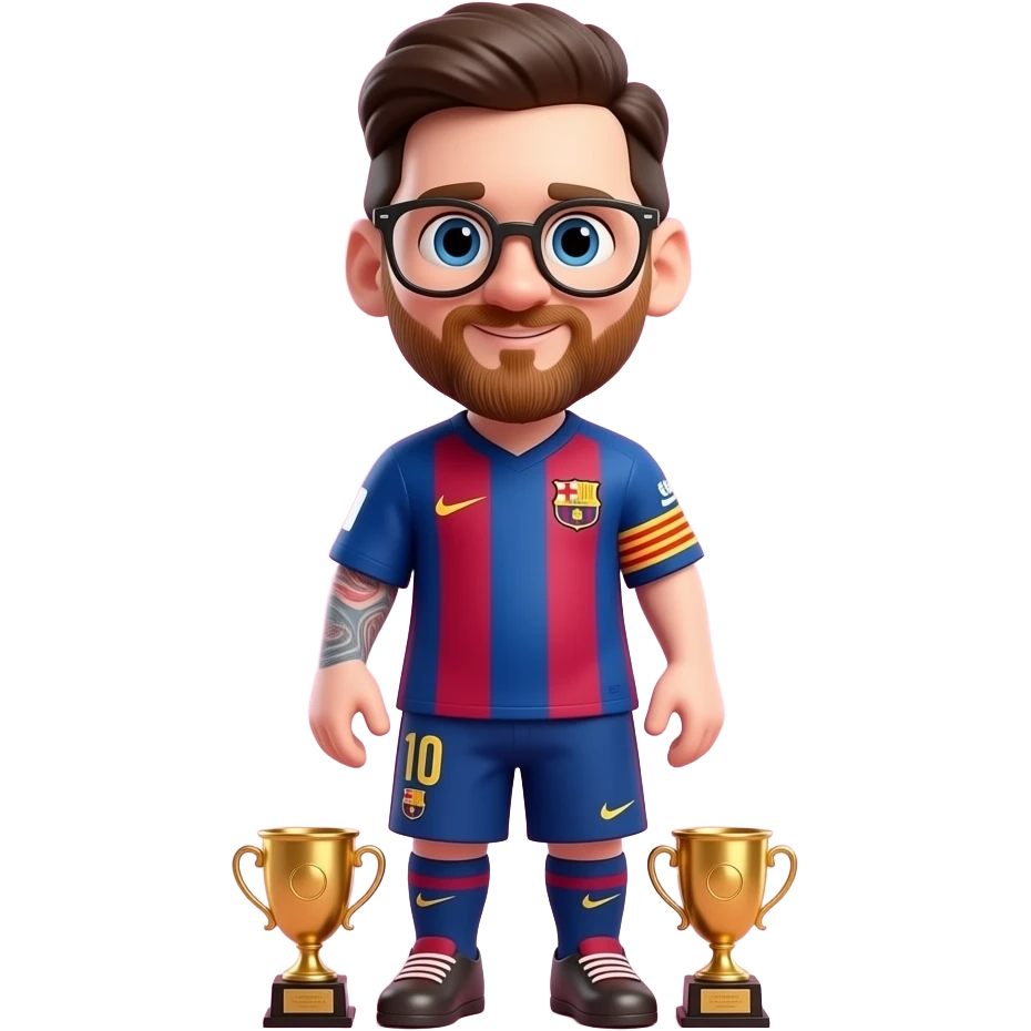 Create a full body 3D chibi Messi character, cartoon mobile-game aesthetic, pink background, no glasses, two micro golden trophies hidden near the socks and sleeves emoji