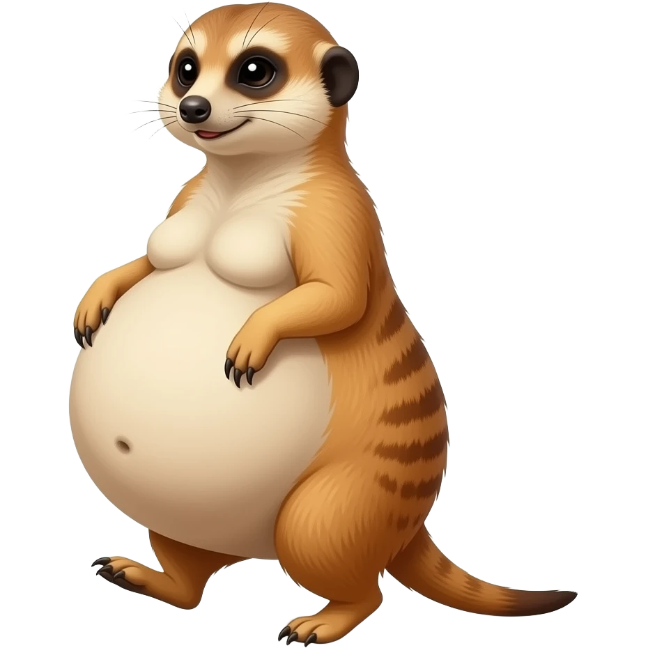 A female Meerkat now wants to give a try to walk,but with her full belly so big she has to hold it up off the ground,it is a guessing game if she is gonna all the way home ,but she knows she is just fat,her bellybutton makes agreement with clues. emoji