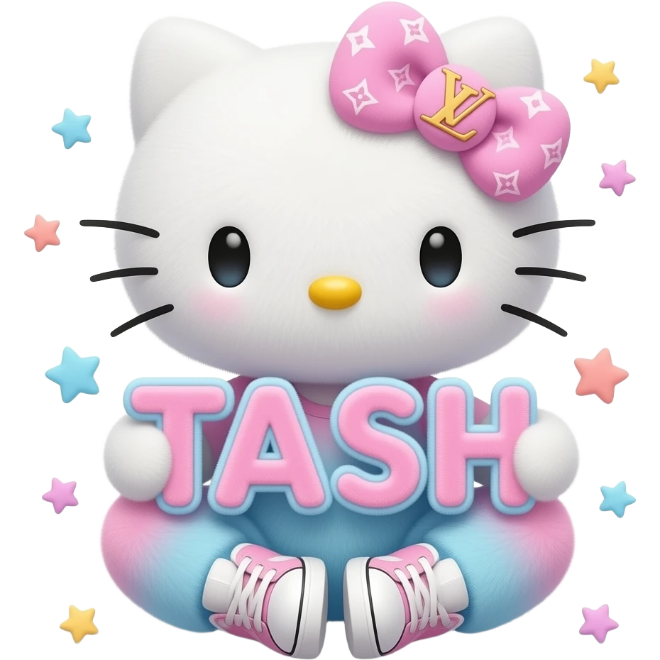 4D Velvety fur texture hello kitty wearing ombre white and blue and pink ombre pastel colored leggings and sneakers, and with the Louis Vuitton symbol on her ombre pastel bow sitting down holding the velvety 3D outlined letters TASHA and surrounded with tiny ombre pastel stars made of candy emoji
