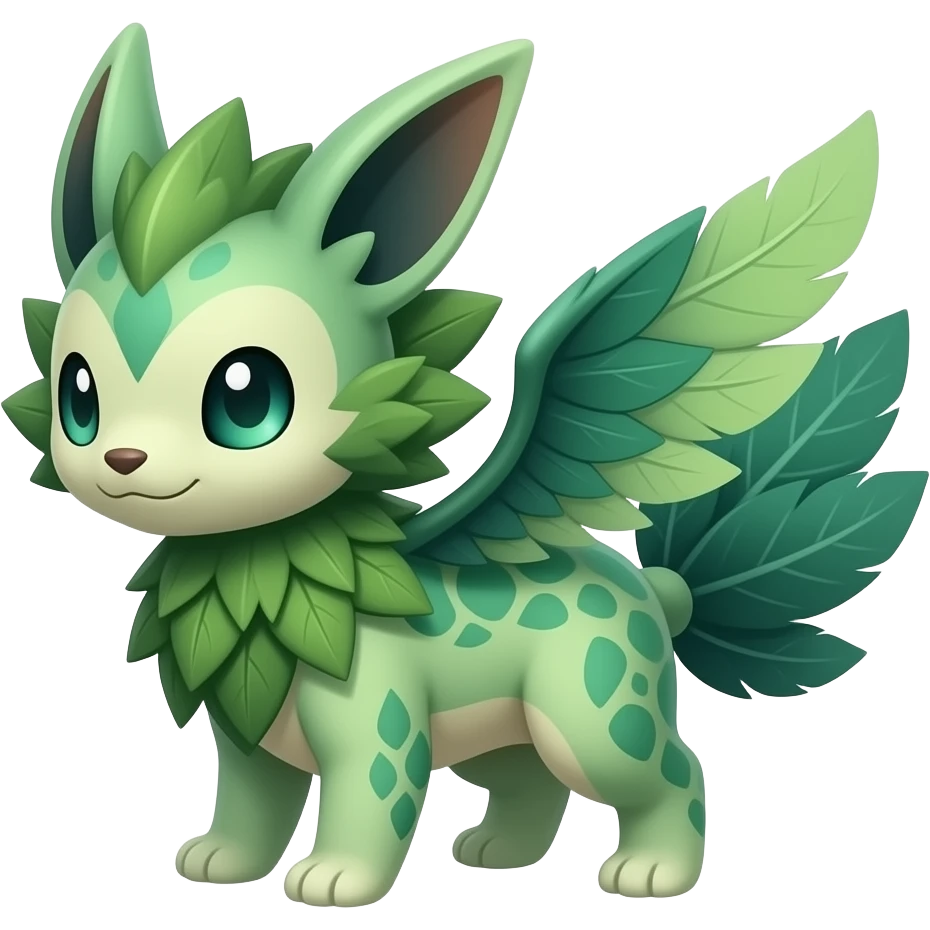 Cute cool fantasy animal hybrid Fakemon full body, green scales, leaves, feathers,  SIMILAR emoji