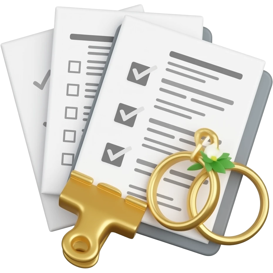 3D emoji of stacked wedding documents with checklists, a seating chart ...