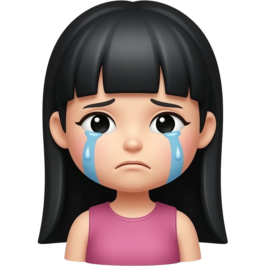 3D cartoon girl iphone emoji sticker, long straight black hair, sad crying face, red flushed cheeks, tears streaming down, white background, Memoji style, full body, transparent background, high quality emoji