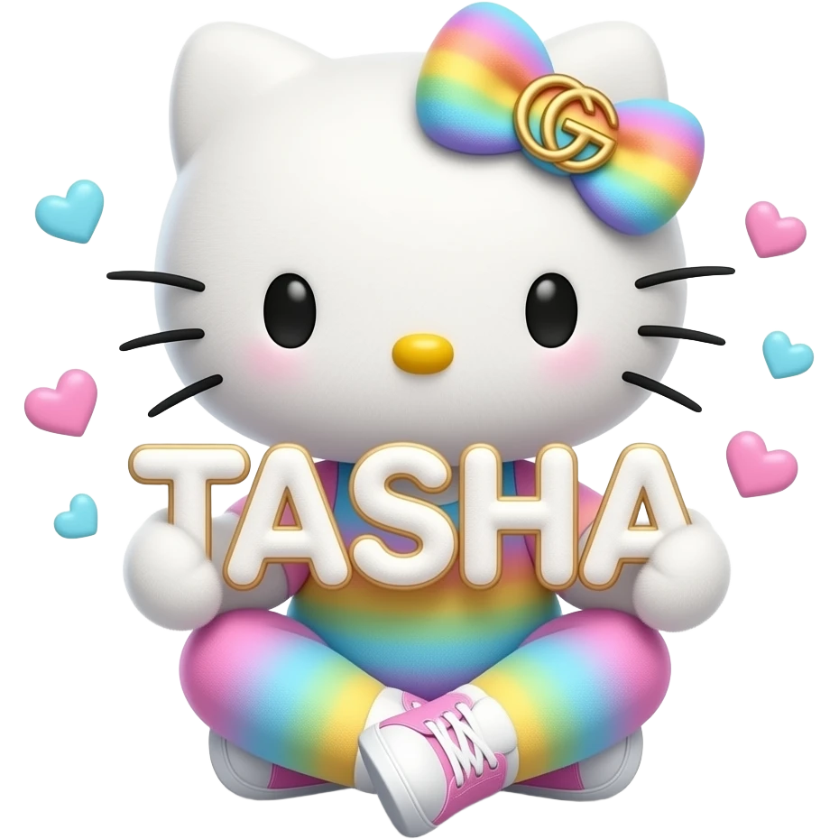 4D Velvety fur texture hello kitty wearing ombre white and blue and pink and yellow ombre pastel colored leggings and sneakers, and with the Gucci symbol on her ombre pastel bow sitting down holding the velvety 3D outlined letters TASHA and surrounded with tiny ombre pastel hearts made of candy emoji