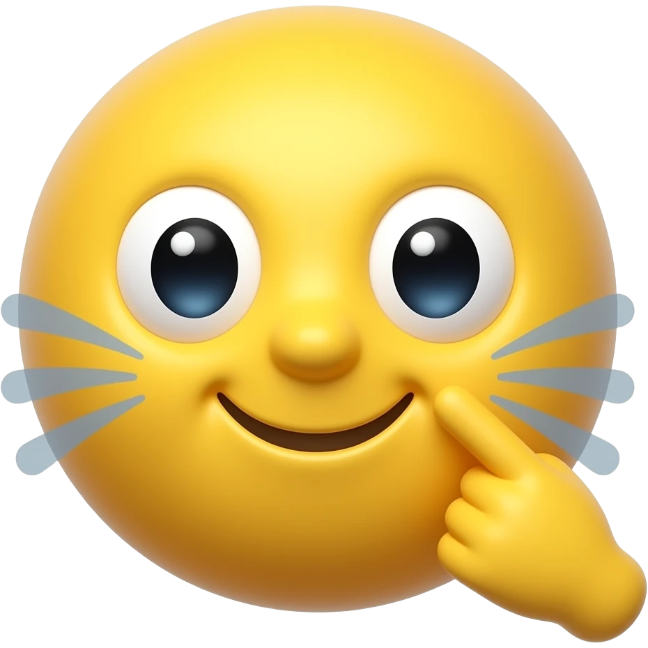 Cute 3D emoji, one index finger touching the cheek, cheek-poke pose, big eye, small smile, yellow face, gray motion lines, glossy rounded style, light background, centered. emoji