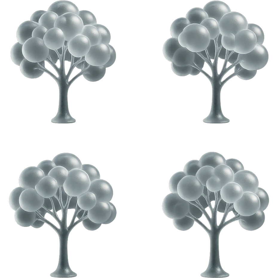one tree with many branches and a white trunk, crown made of small very bright white fluffy convex clouds, matte glass style emoji