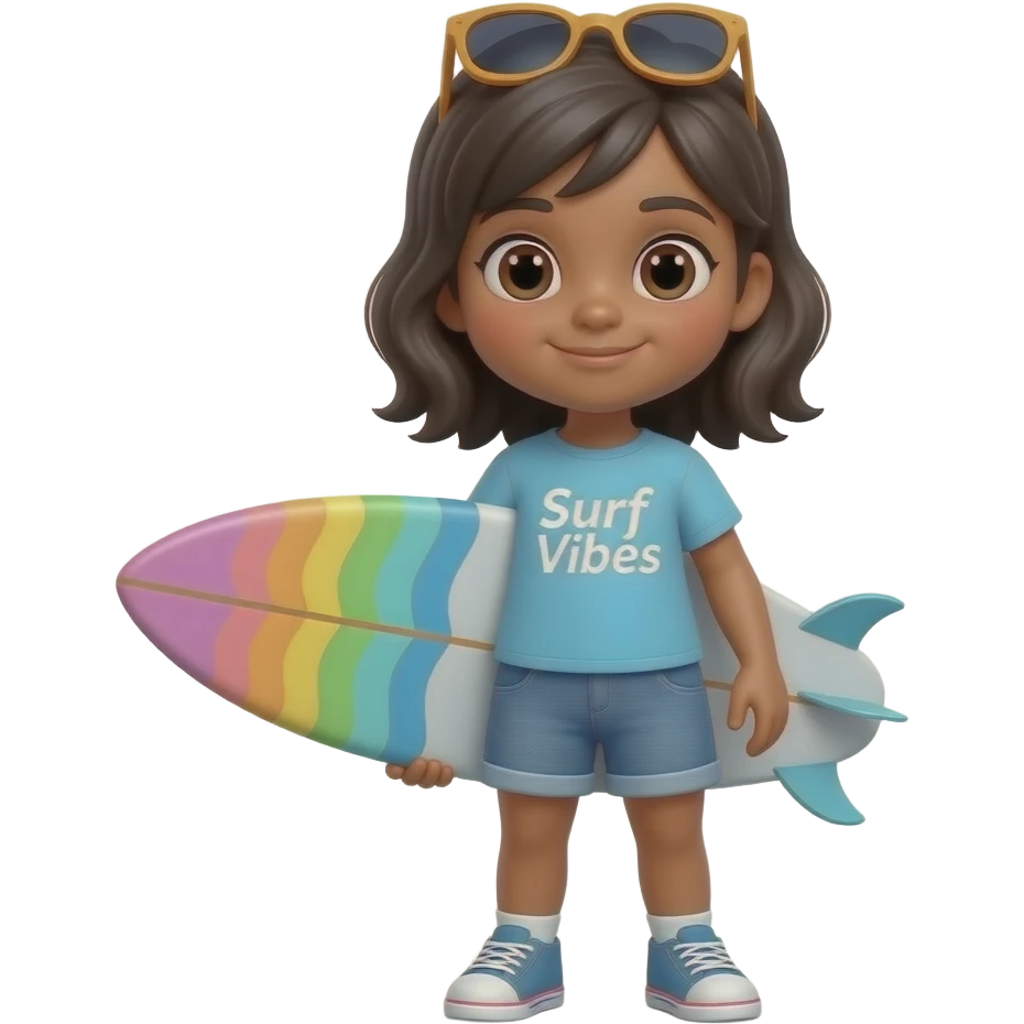 A cute cartoon 3D render of a young girl with dark hair and brown skin, wearing a light blue t-shirt with "Surf Vibes" printed on it, denim shorts, and sunglasses perched on her head. She is standing and holding a colorful surfboard with pastel waves. The background is plain white. emoji