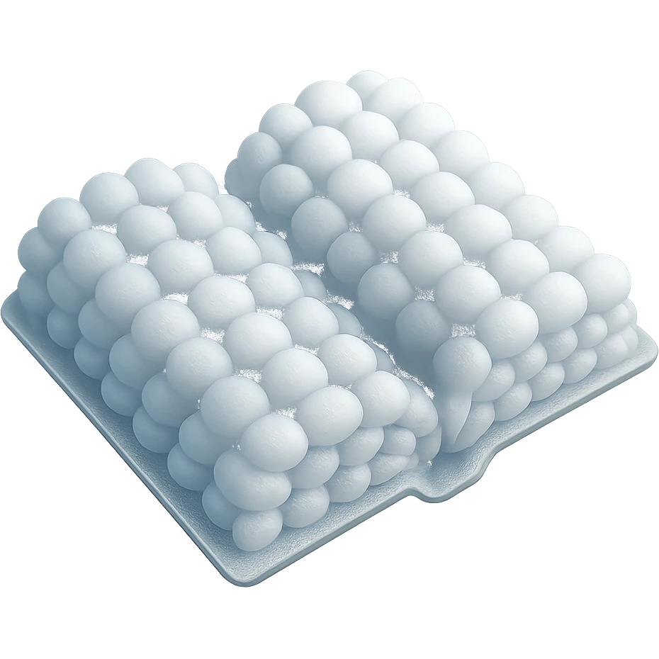 top view of a thick open book made entirely of small, very bright white fluffy convex clouds, matte glass style emoji