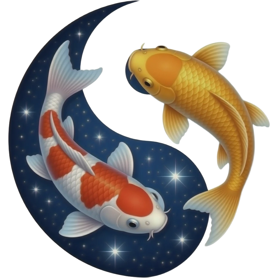 Two different colored bright colored realistic galaxy koi fish in a yin yang emoji