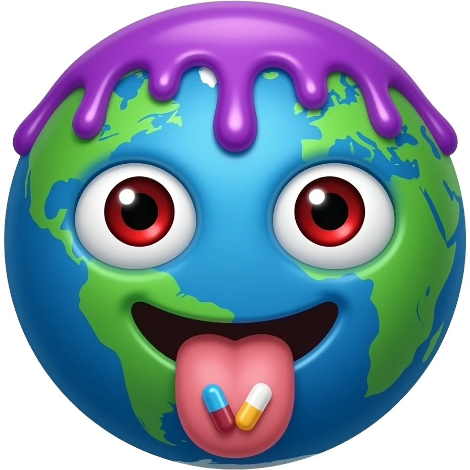 The earth with low bloodshot eyes, purple goo dripping on top and it's tongue stuck out, pills on the tongue emoji