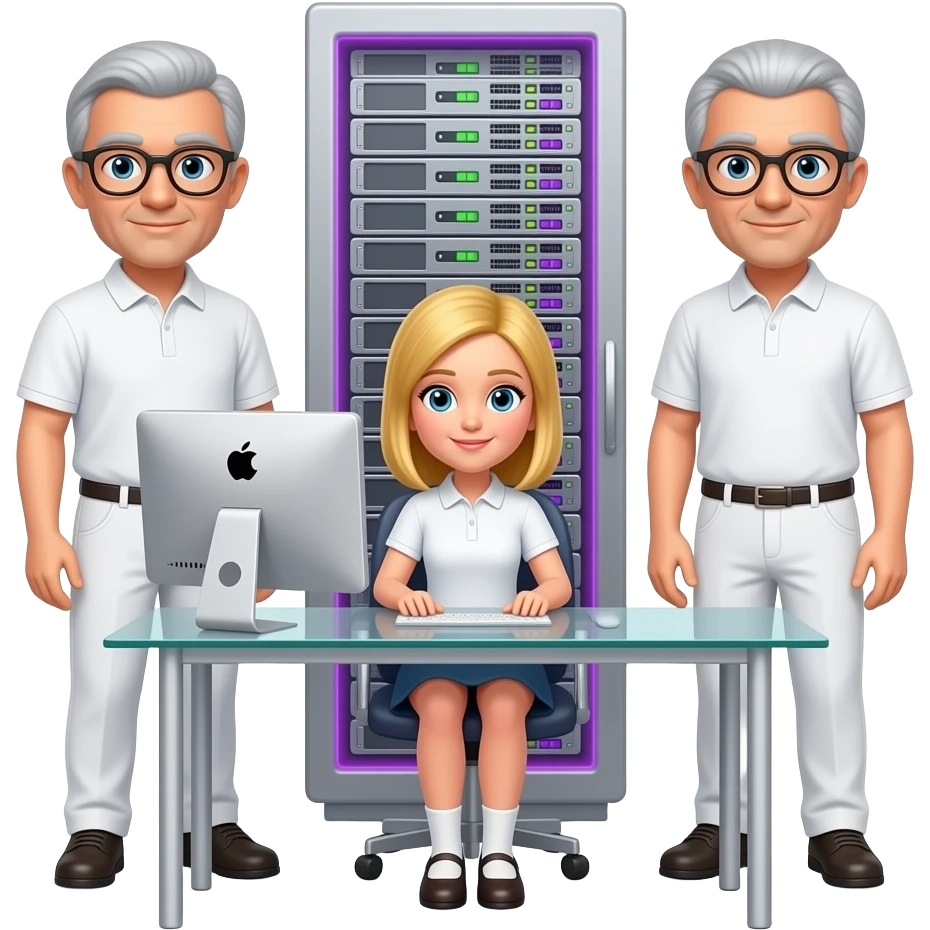 background is a silver server cabinet with purple lighting, in the foreground is a glass table and an imac computer, two men are standing, gray hair, black glasses, black hair, silver glasses, dressed in white pants and a polo shirt, a blonde girl is sitting at the table, emoji