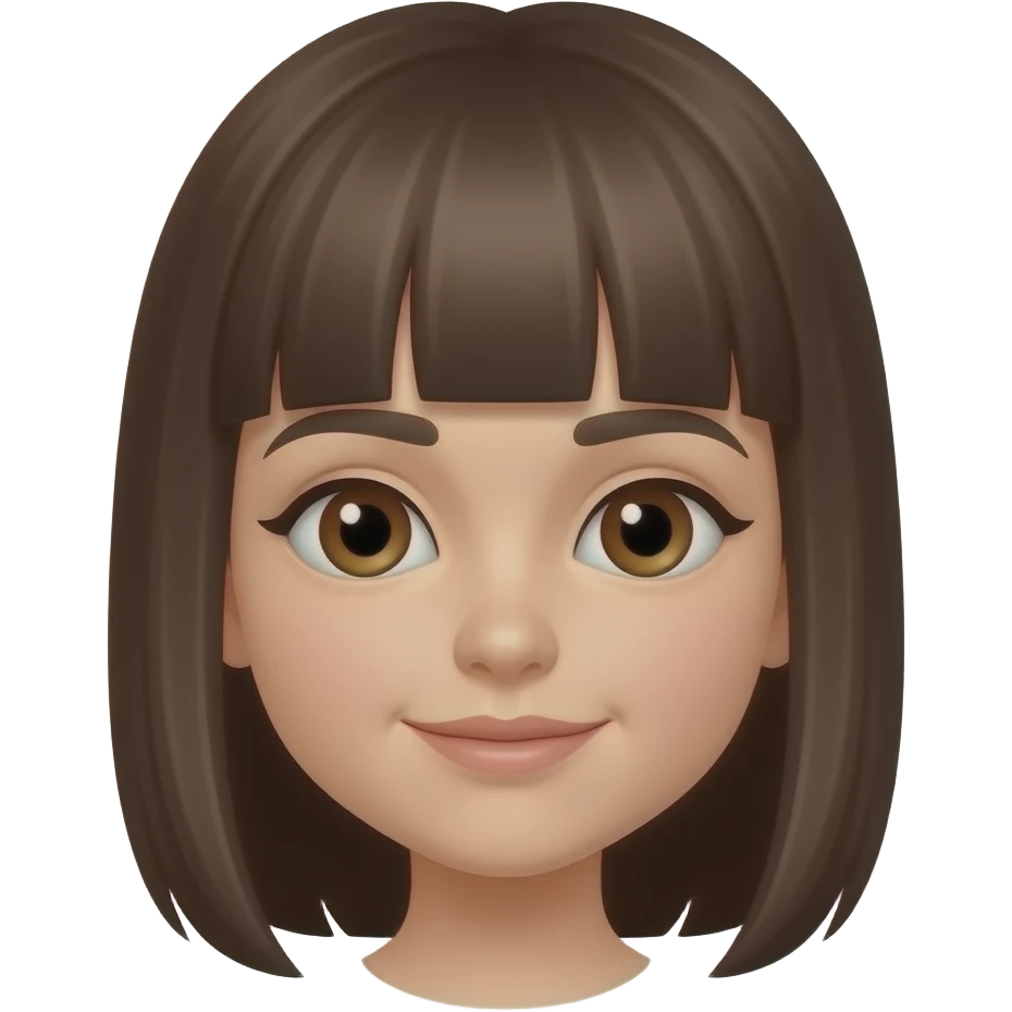 Una chica con flequillo que le llegue hasta 2 centímetros bajo las cejas, ojos marrones, cabello castaño oscuro emoji
