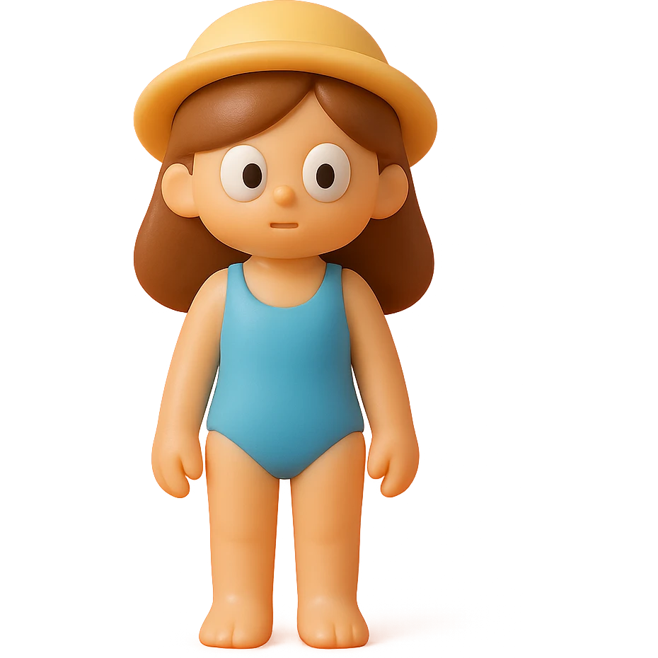 Create a fully appropriate, full-body beach girl in a simple blue one-piece swimsuit, standing in a neutral pose. Make her much smaller in the frame so her entire body, including head and feet, is fully visible with no cropping at the top or bottom. Use the retro 90's toy style: very transparent, slightly see-through, natural tan skin, brown hair, derpy eyes (large white eyeballs with small black pupils looking in different directions), soft plastic texture, soft reflections, soft and squishy, some cloudiness, not shiny, highly detailed, appealing, no tag, no background. No suggestive details. emoji