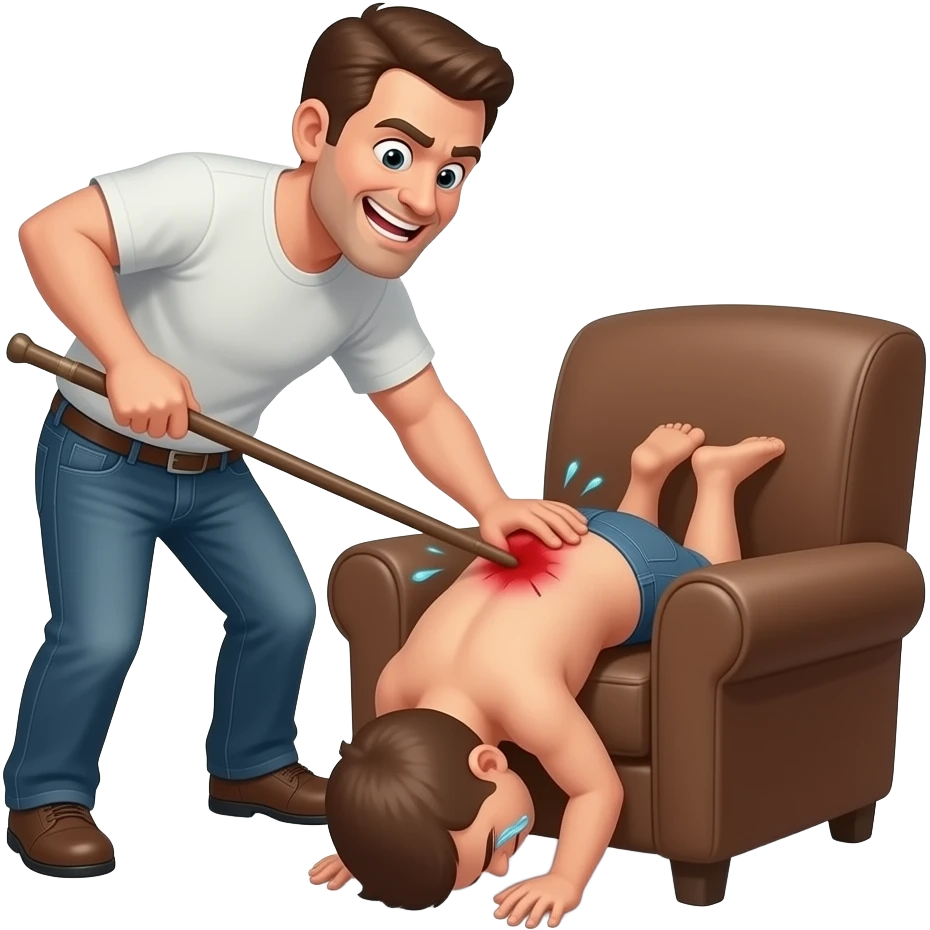 A cruelly smiling clothed man with a thin cane savagely beating the bottom of a small, crying, naked man bending over the back of a brown armchair, his head down on the floor, buttocks up high and his red buttocks very bruised, and emoji