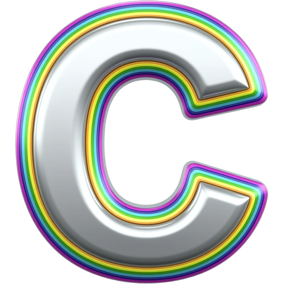 name "C" in silver, 3D style typography lettering, each color of the rainbow as a border outlined around each letter, isolated, 3d rendering, no emoji icons no emoji faces and must have no human figures emoji