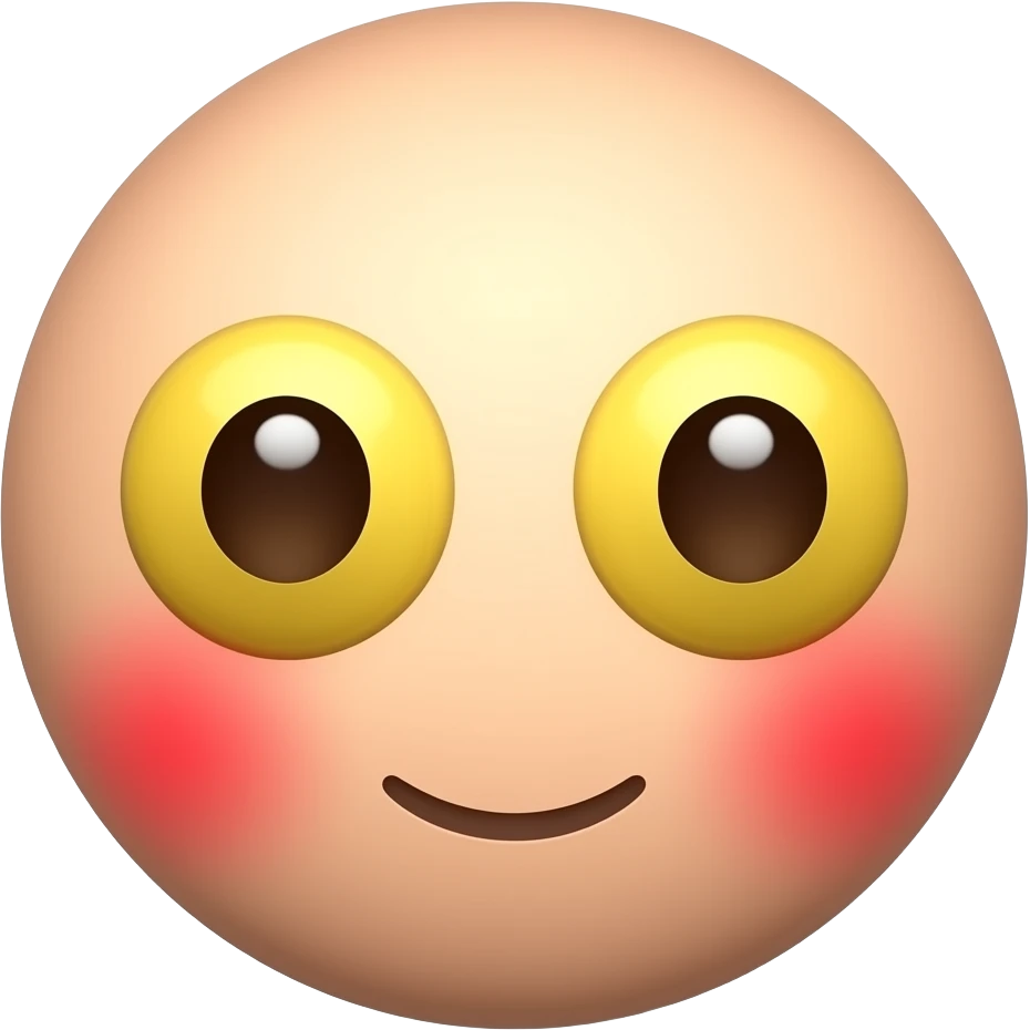 빨간 얼굴의 홍조를 하고 있는 노란 눈알   갈색 동공의 귀여운 만화 입체적 이모티콘 emoji