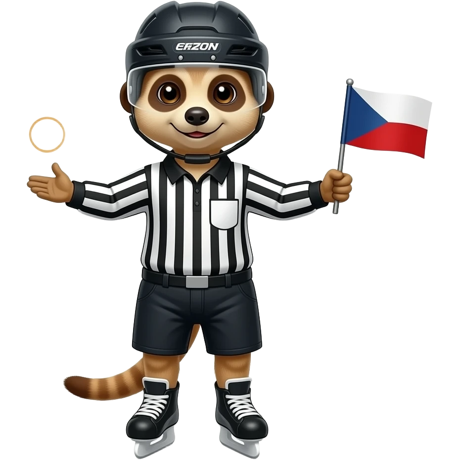 Create a meerkat hockey referee with skates and helmet jersey and Czechs flag showing NO-GOAL posture with both hands showing to side emoji