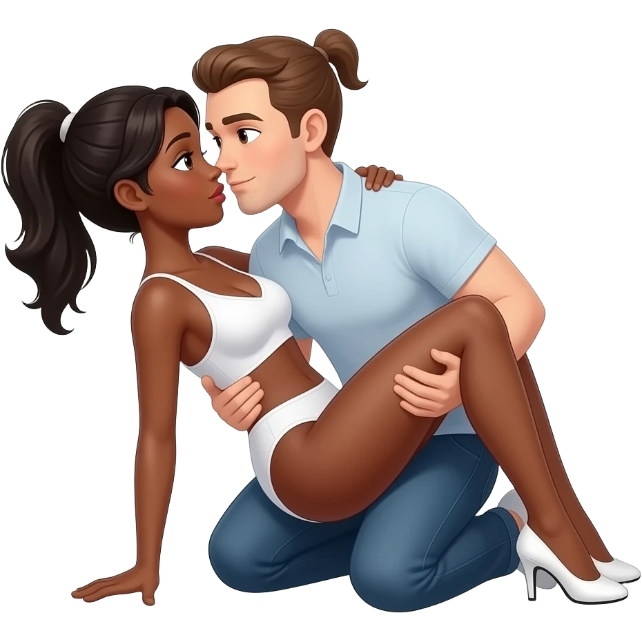 Dark skin Black girl sex position with white guy with brown pony tail emoji