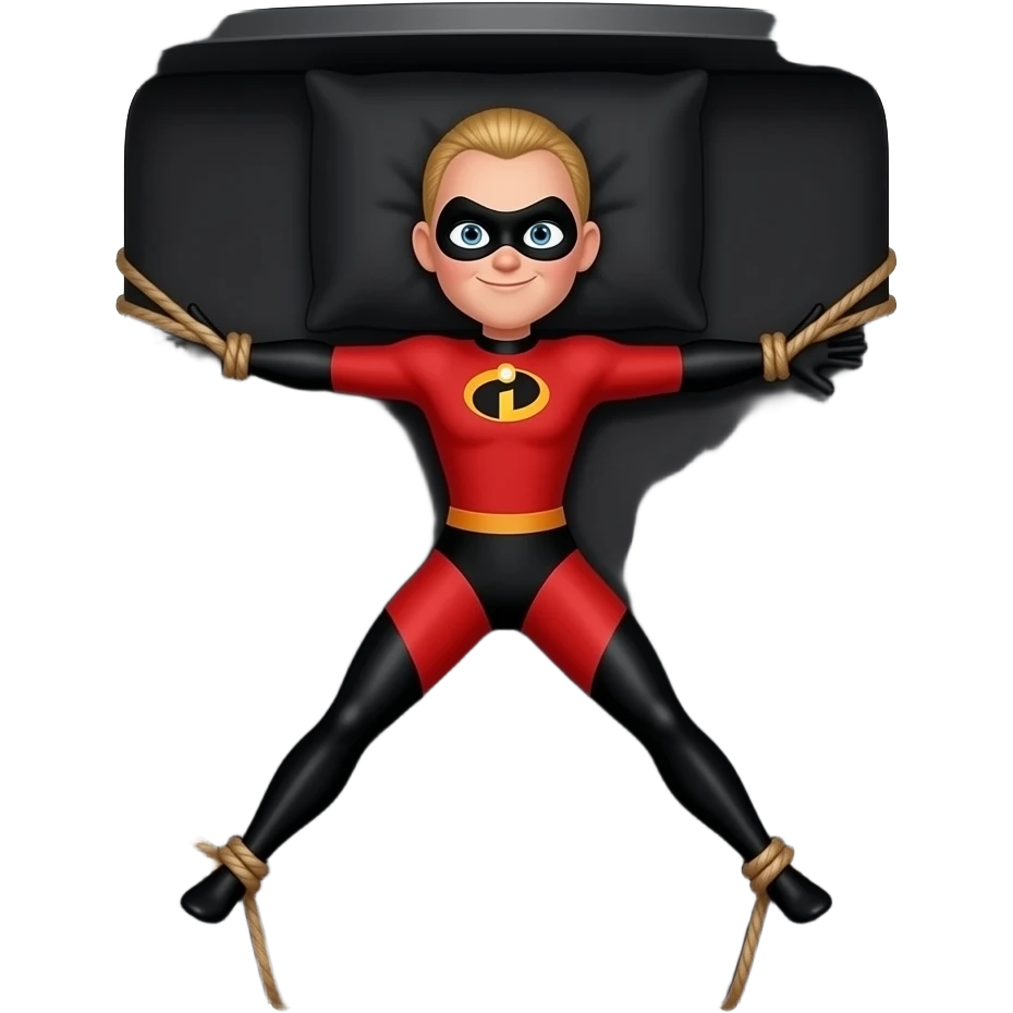 Helen Parr, Mrs. Incredible, Elastigirl, legs and arms spread, tied to the corners of a  black bed with a black pillow emoji