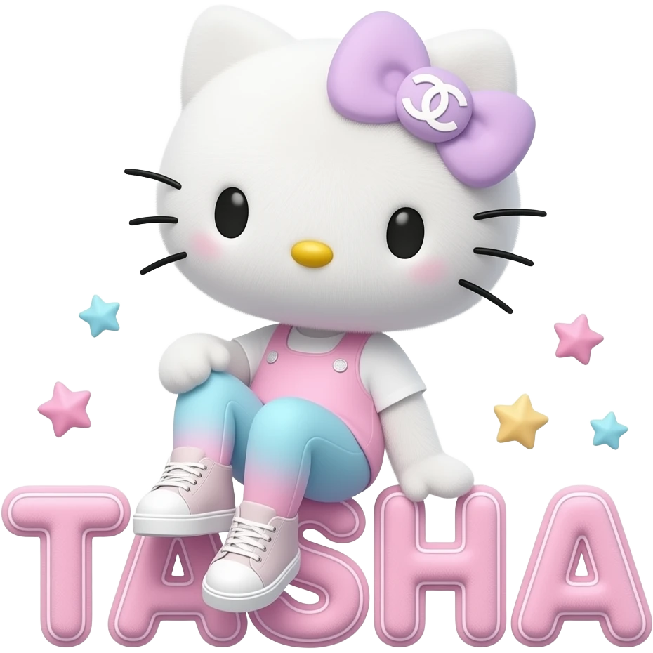 4D Velvety fur texture hello kitty wearing ombre white and blue and pink ombre pastel colored leggings and sneakers, and with the Chanel symbol on her ombre pastel bow sitting sideways leaning back on top of the velvety 3D outlined letters TASHA surrounded with tiny ombre pastel stars made of candy emoji