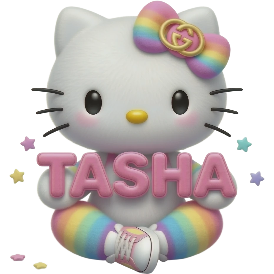 4D Velvety fur texture hello kitty wearing ombre white and blue and pink and yellow ombre pastel colored leggings and sneakers, and with the Gucci symbol on her ombre pastel bow sitting down holding the velvety 3D outlined letters TASHA and surrounded with tiny ombre pastel stars made of candy emoji