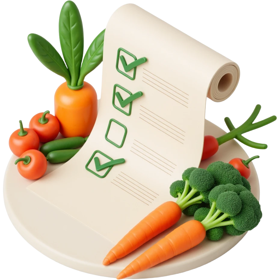 floating rolled paper list with green checkboxes and around vegetables emoji