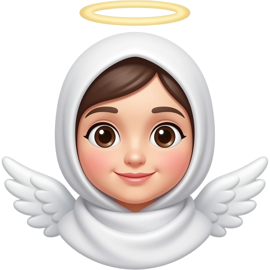 iOS-style emoji sticker of a cute angel face with dimples, feminine character with soft features, wearing a hijab, minimal glossy 3D emoji style, gentle expression, subtle halo, centered composition, white or transparent background, clean simple design, face only, no body, no text. emoji