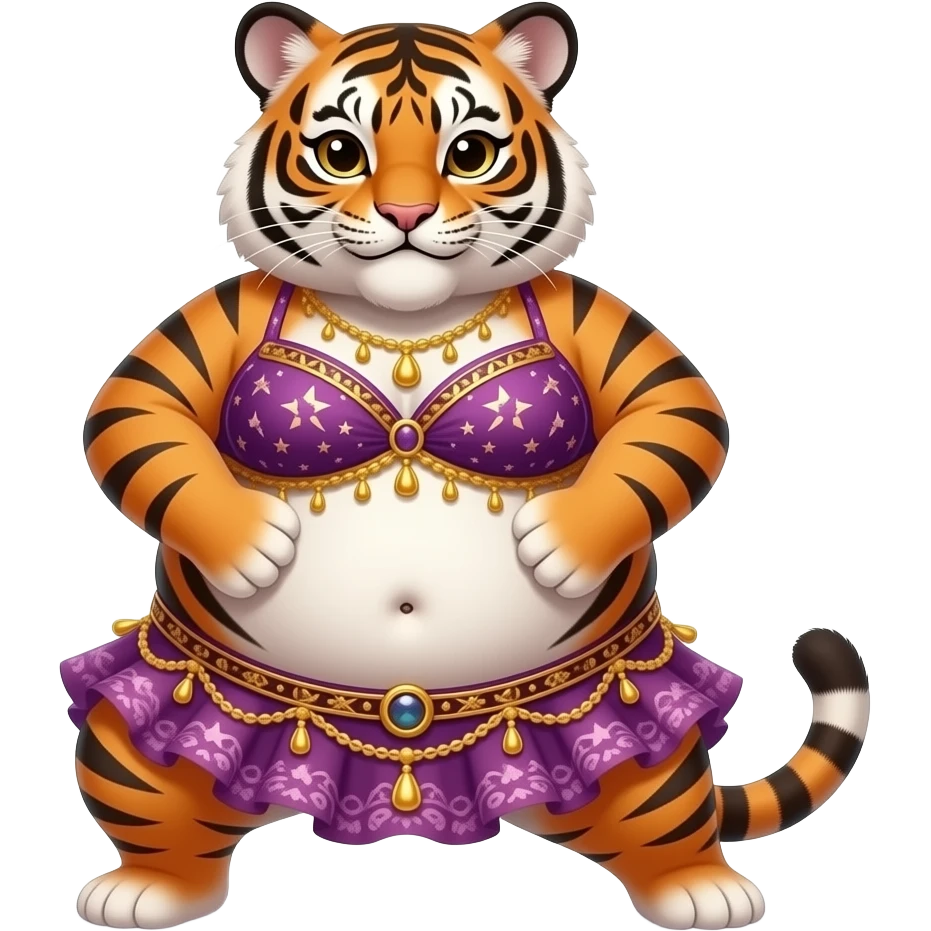 A chubby female tiger cub belly dancer,after a hefty brunch meal she is full & fat,Starting off with a stretch routine,she sticks out her plump tummy as far forward and downward as possible she can,then plays a slapping sound game on her fat tummy like drum solo,her bellybutton is poking out. emoji