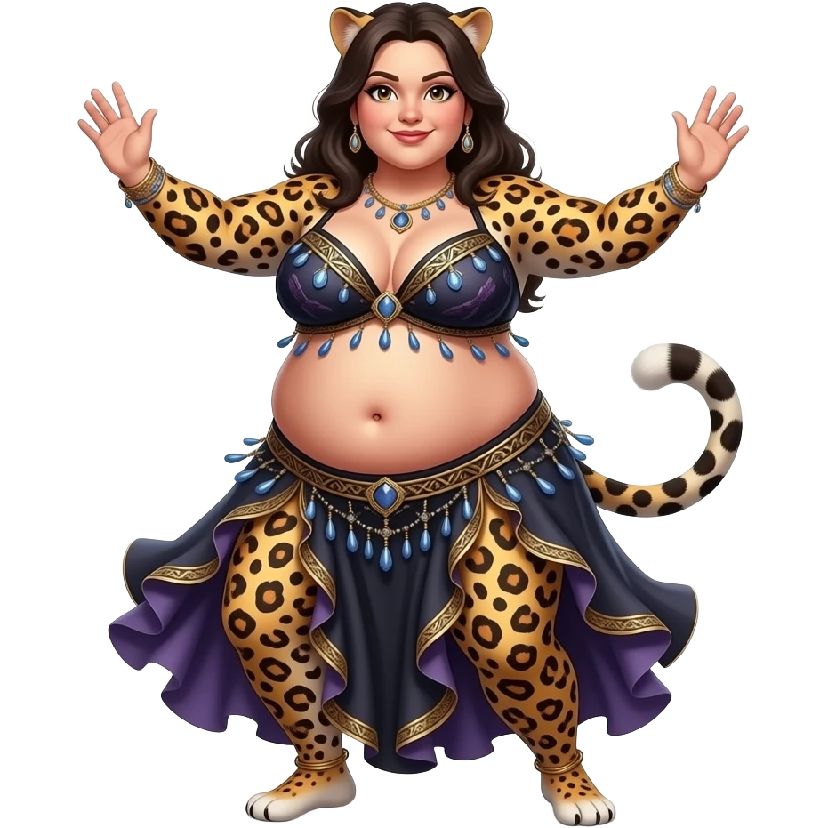 A female leopard belly dancer,with an morbid obese love handles & muffin top midriff,her bellybutton bulging from being stuffed to the max after a luncheon buffet,She dances then her bouncy belly wobbles a lot. emoji
