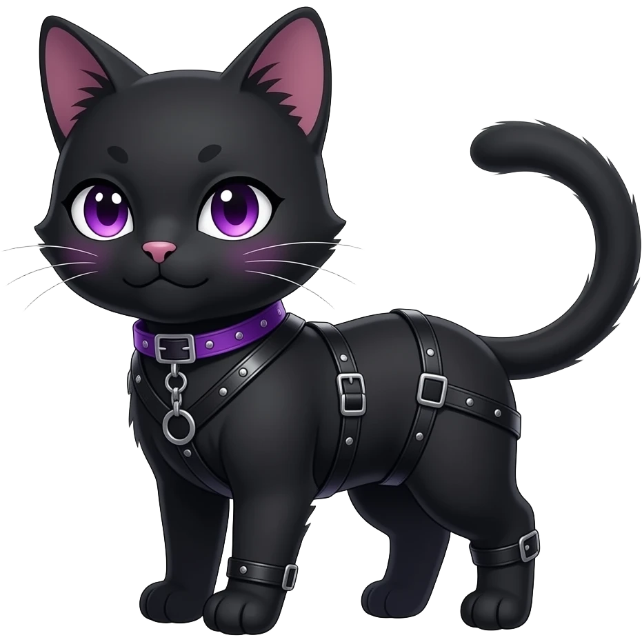 Gorgeous furry gothic dark techwear anime style anthro black cat furry sona Fakemon with blushing face aesthetic and pretty edgy black with violet collar and harness trending style emoji