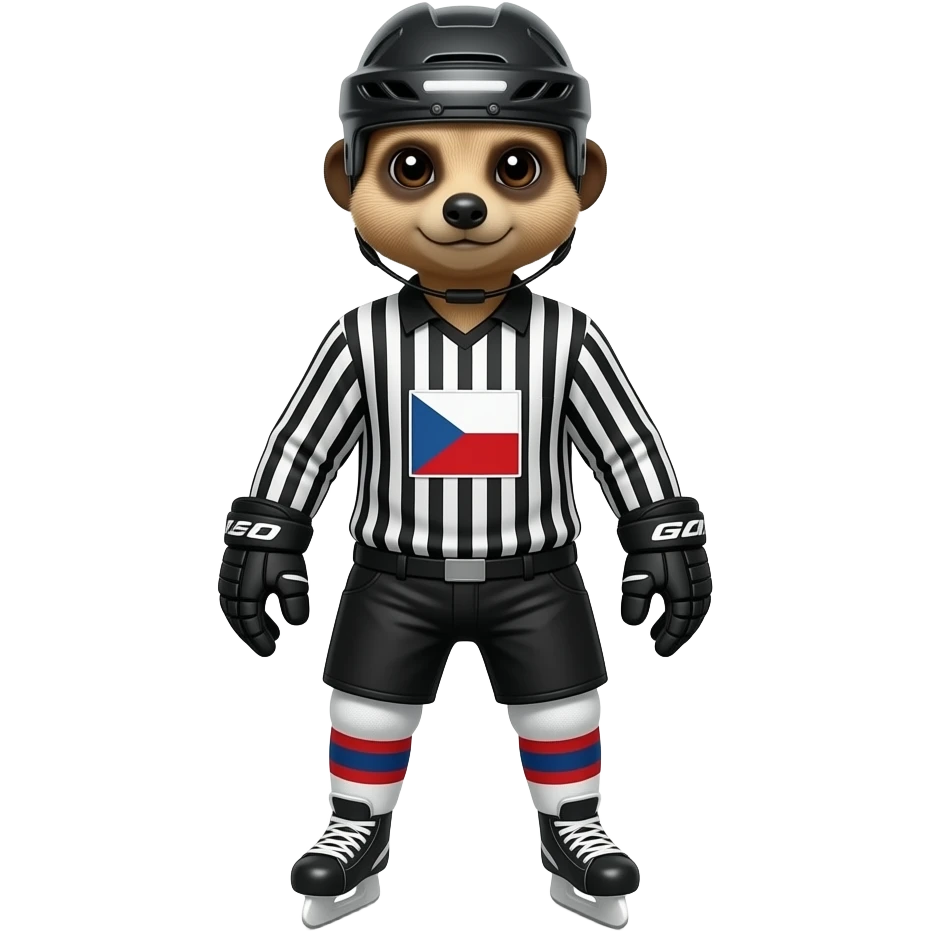 Create a meerkat hockey referee with skates and helmet jersey and Czechs flag on the shirt showing NO-GOAL posture with both hands showing to side emoji