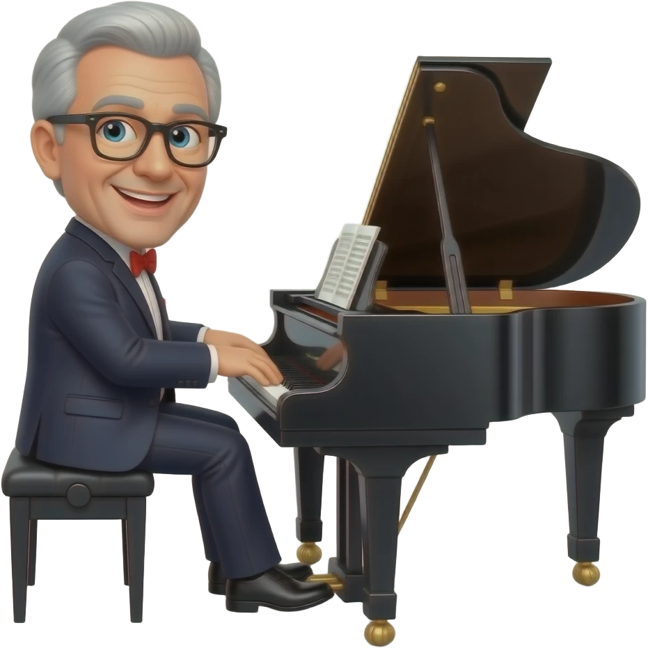 Cartoon style Polish Happy show man with little grey hair playing energic rock & roll grand piano emoji