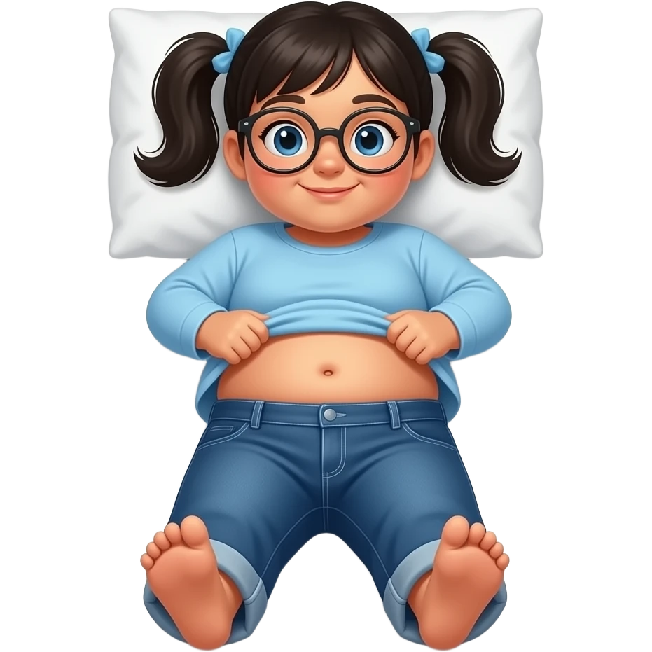 Obese Hispanic little girl with black pigtails and blue eyes rounded black glasses plain light blue long sleeve shirt and dark blue baggy jeans and belly button laying down on her pillow on her bed showing her feet lifting her shirt all the way up emoji