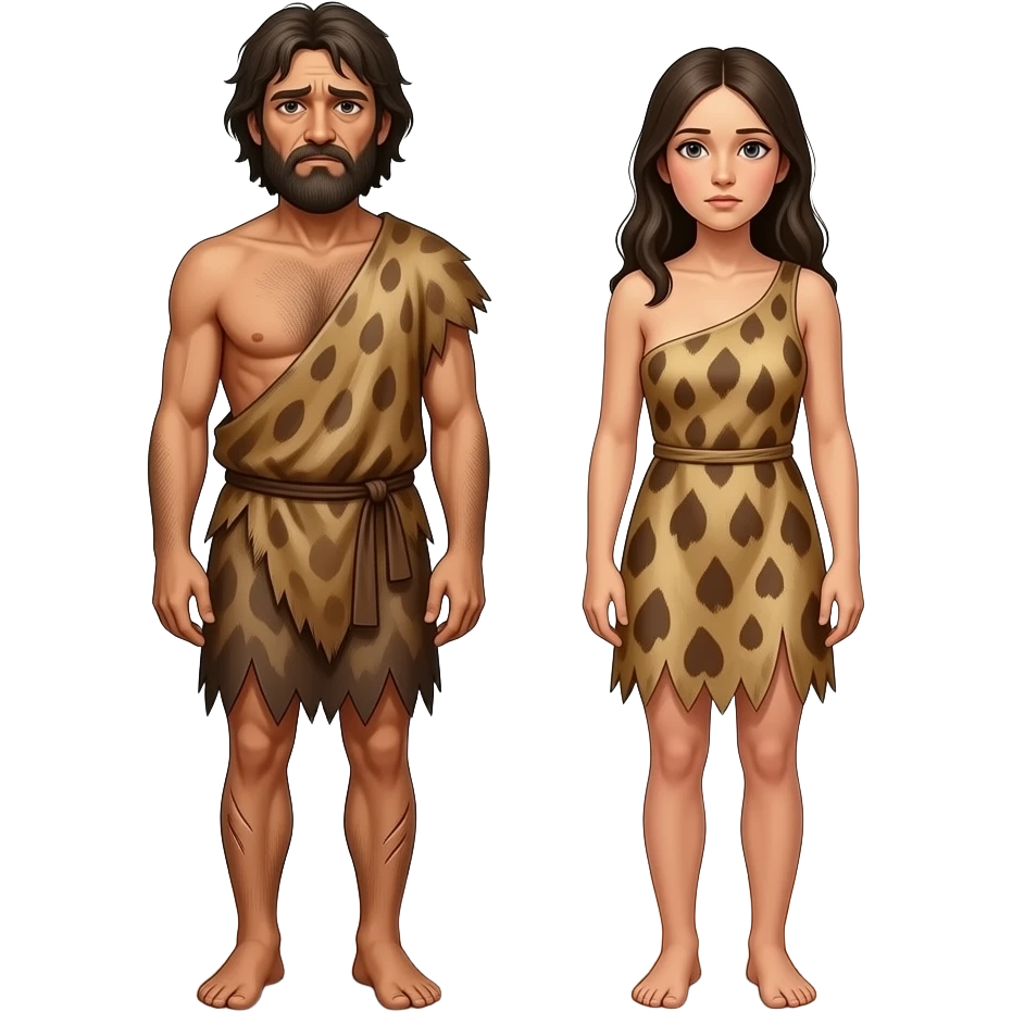 Adam and Eve in a desolate land wearing animal skins for clothing and look worn and tired emoji