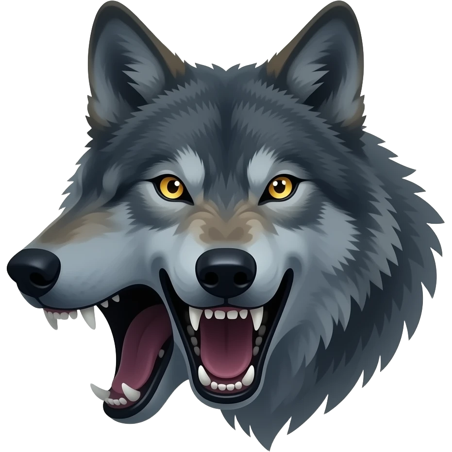 angry wolf head emoji facing front, mouth open, only partially visible with subtle shadow silhouette, transparent ghost-like body, glowing eyes floating in darkness, soft smoky outline ,semi-transparent fur distortion effect” emoji