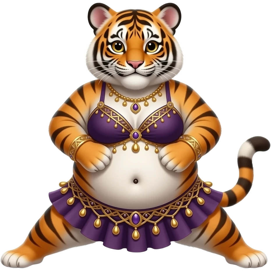 A chubby female tiger cub belly dancer,after a hefty brunch meal she is full & fat,Starting off with a stretch routine,she sticks out her plump tummy as far forward and downward as possible she can,then plays a slapping sound game on her fat tummy like drum solo,her bellybutton is poking out. emoji