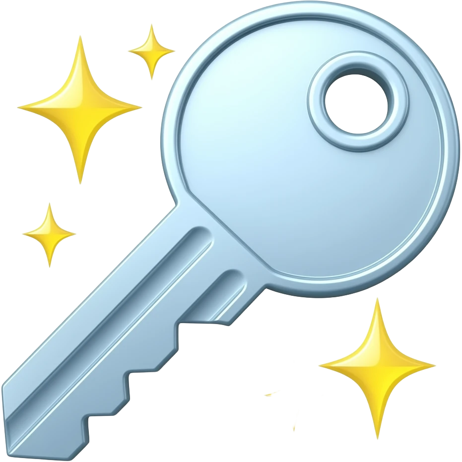 A shiny, modern digital key with magical sparkles around it, symbolizing a fresh start and a new password. Soft 3D render, claymorphism, smooth glossy finish, friendly and encouraging vibe. Calming pastel colors, light blue and bright yellow accents emoji