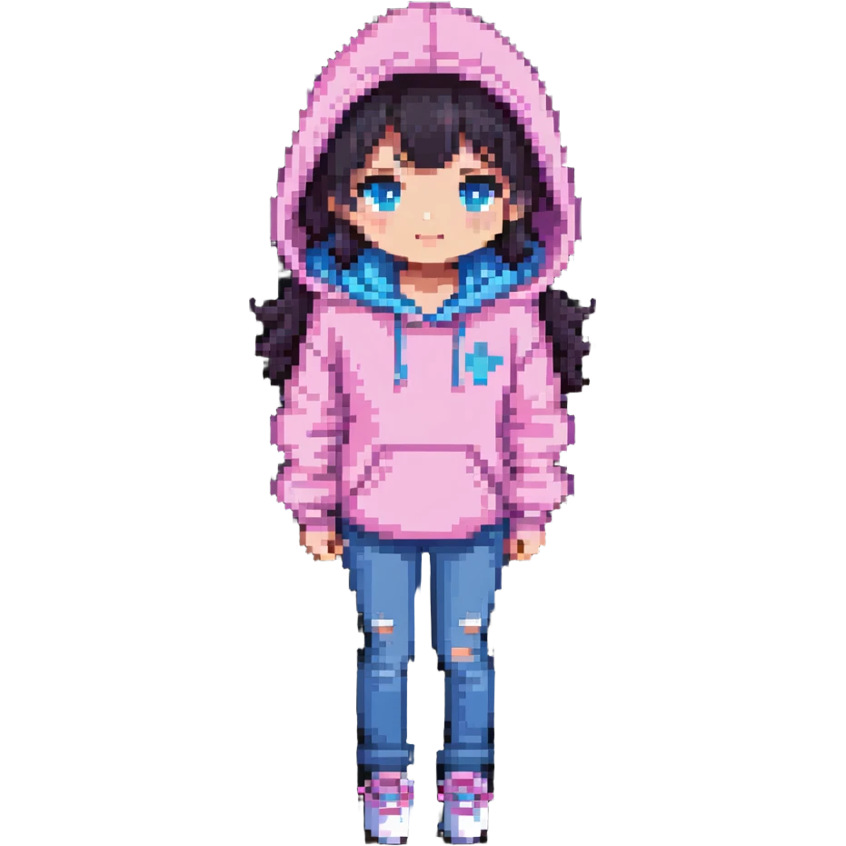 cute girl in a pink hoodie and blue jeans, pixel art style emoji